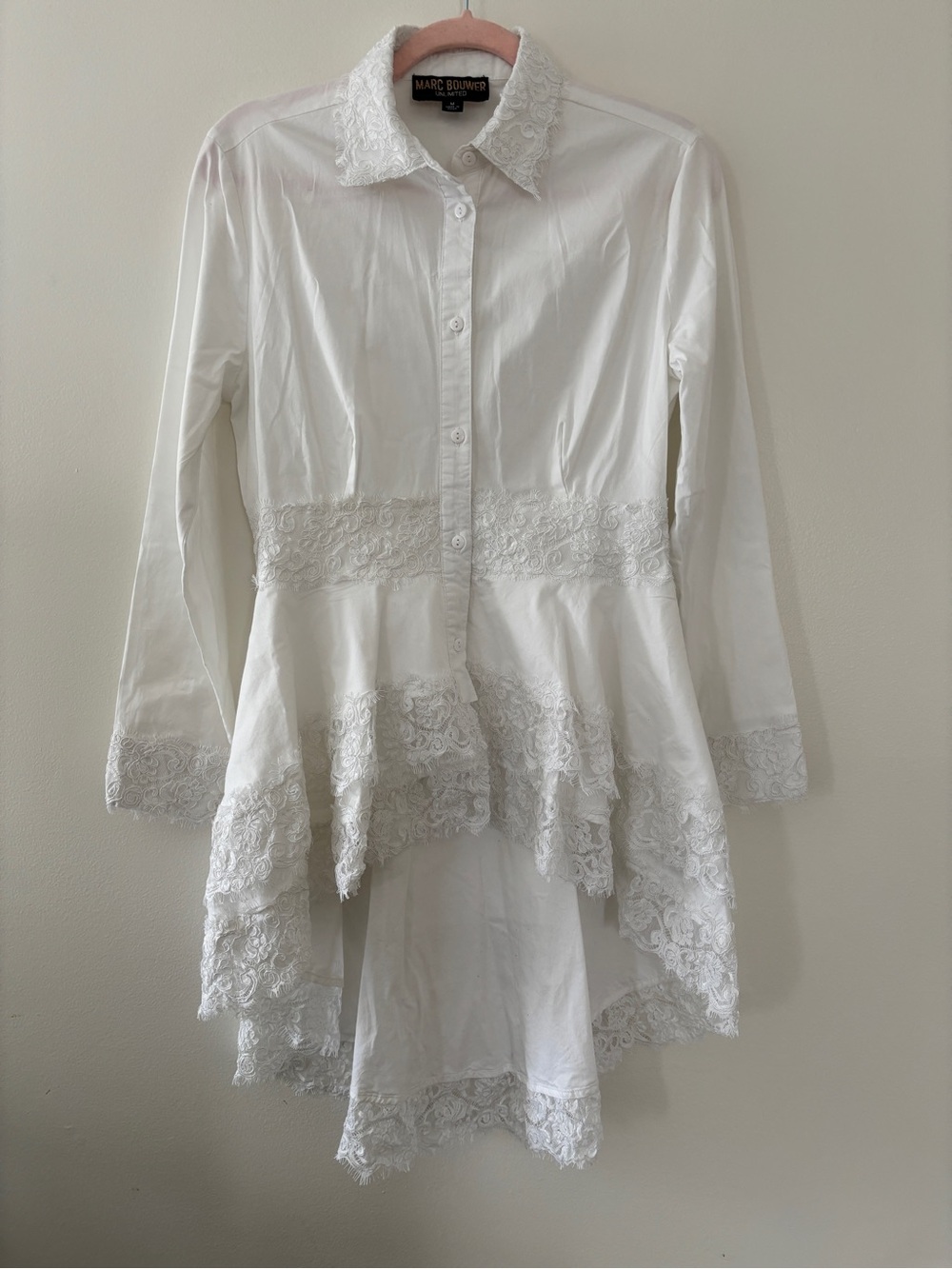 Vintage Marc Bouwer Medium White Lace Trim Peplum Button Down
